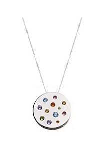 COLAR COM PINGENTE REDONDO COM CRAVAÇÃO LATERAL COLORIDA BANHADO A RÓDIO