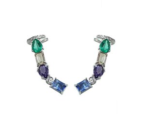 BRINCO EAR CUFF CRAVAÇÃO COLORIDA BANHADO A RÓDIO BRANCO