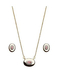 CONJUNTO OVAL COM PEDRA CENTRAL ROSA BANHADO A OURO