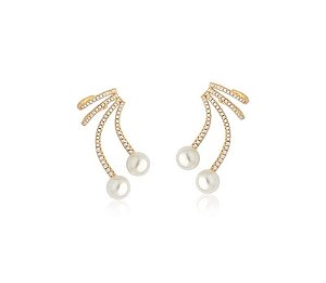BRINCO EAR CUFF CRAVEJADO COM DUAS PÉROLAS BANHADO A OURO