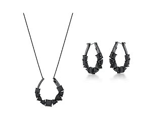 CONJUNTO DE ARGOLAS E COLAR CURVOS COM CRISTAIS NEGROS