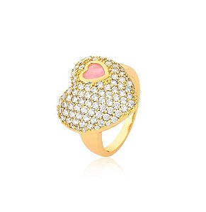 ANEL CORAÇÃO CRAVEJADO COM PEDRA LIGHT PINK BANHADO A OURO