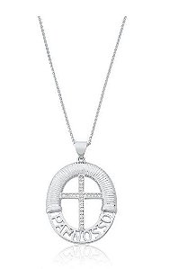 COLAR PAI NOSSO COM CRUZ CRAVEJADA BANHADO A RÓDIO BRANCO