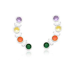 BRINCO EAR CUFF COM CRAVAÇÃO COLORIDA REDONDA BANHADO A RÓDIO