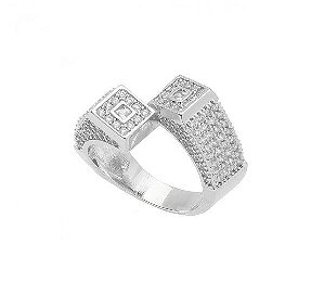 ANEL DOIS QUADRADOS CRAVEJADOS BANHADO A RÓDIO BRANCO