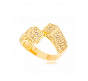 ANEL DOIS QUADRADOS CRAVEJADOS BANHADO A OURO