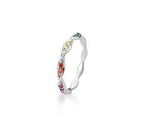 ANEL TRANÇADO COM CRAVAÇÃO COLORIDA BANHADO A RÓDIO BRANCO