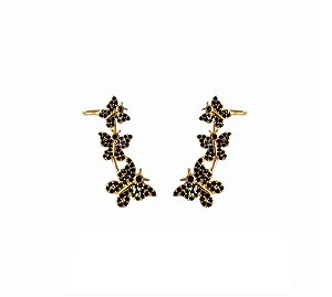 BRINCO EAR CUFF BORBOLETAS COM CRAVAÇÃO NEGRA BANHADO A OURO