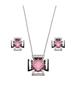 CONJUNTO FLOR CRAVEJADA COM PEDRA TURMALINA ROSA FUSION BANHADO A RÓDIO