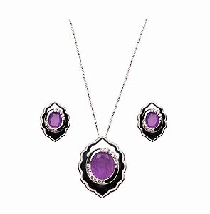 CONJUNTO CAMAFEU PEDRA FUCSIA FUSION BANHADO A RÓDIO