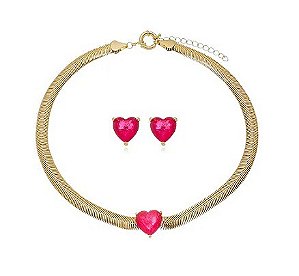 CONJUNTO CORAÇÃO TURMALINA ROSA MALHA LAMINADA BANHADO A OURO