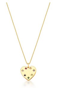 COLAR CORAÇÃO COM PONTOS DE LUZ COLORIDOS BANHADO A OURO