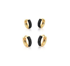 DUPLA DE ARGOLAS COM CRAVAÇÃO FRONTAL NEGRA BANHADO A OURO