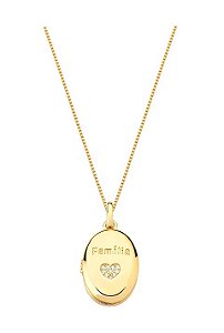 COLAR RELICÁRIO FAMÍLIA COM CORAÇÃO CRAVEJADA BANHADO A OURO