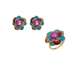 CONJUNTO FLOR ESMALTADA COLORIDA CRAVEJADO BANHADO A OURO