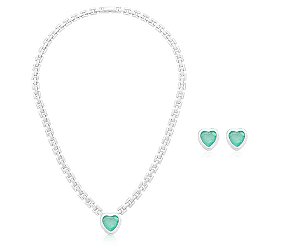 CONJUNTO CORAÇÃO TURMALINA FUSION BANHADO A RÓDIO BRANCO