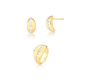 CONJUNTO DE BRINCO E ANEL COM UMA FILEIRA DE ZIRCÔNIAS BANHADO A OURO