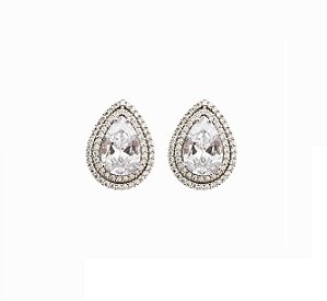 BRINCO GOTA LUXO ZIRCÔNIAS CRISTAIS BANHADO A RÓDIO BRANCO