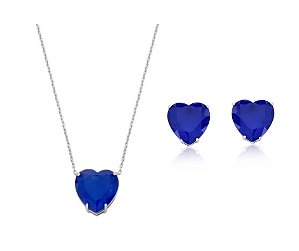 CONJUNTO CORAÇÃO SAFIRA FUSION BANHADO A RÓDIO BRANCO