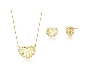 CONJUNTO CORAÇÃO COM CRAVAÇÃO LATERAL BANHADO A OURO