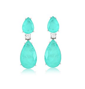 BRINCO GOTAS TURMALINA FUSION COM PONTO DE LUZ BANHADO A RÓDIO BRANCO