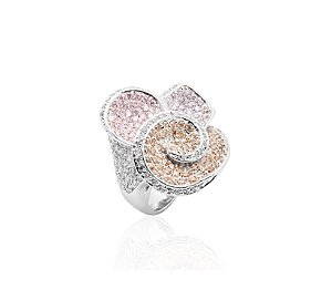 ANEL FLOR COM CRAVAÇÃO COLORIDA BANHADO A RÓDIO BRANCO