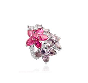 ANEL FLORES COM CRAVAÇÃO COLORIDA BANHADO A RÓDIO BRANCO