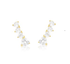 BRINCO EAR CUFF CORAÇÕES CRISTAIS BANHADO A OURO