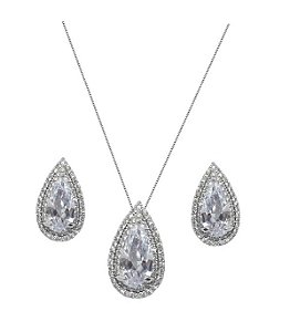 CONJUNTO GOTA CRISTAL COM CRAVAÇÃO LATERAL BANHADO A RÓDIO BRANCO