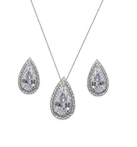 Conjunto Gota Cristal com Cravação Lateral Banhado a Ródio Branco