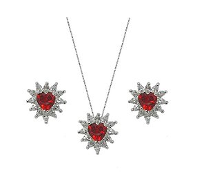 CONJUNTO CORAÇÃO RUBI BANHADO A RÓDIO BRANCO