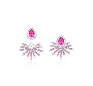 BRINCO GOTA SAFIRA ROSA BANHADO A RÓDIO BRANCO