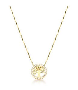 COLAR ÁRVORE DA VIDA COM CRAVAÇÃO CRISTAL BANHADO A OURO