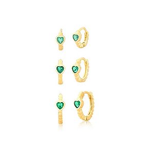 TRIO DE ARGOLAS COM CORAÇÃO ESMERALDA BANHADO A OURO