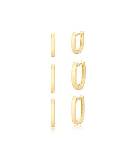 TRIO DE ARGOLAS OVALADAS LISAS BANHADO A OURO