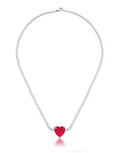 COLAR RIVIERA CORAÇÃO TURMALINA ROSA BANHADO A RÓDIO BRANCO