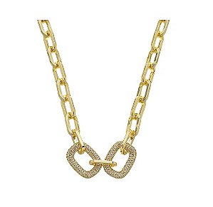 COLAR COM DOIS ELOS RETANGULARES CRAVEJADOS BANHADO A OURO