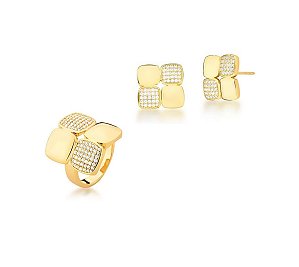 CONJUNTO COM QUADRADOS LISOS E CRAVEJADOS BANHADO A OURO