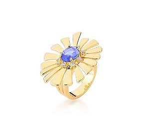 ANEL FOLHAS COM PEDRA OVAL TANZANITA BANHADO A OURO