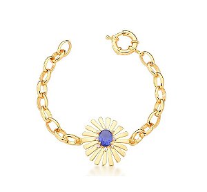 PULSEIRA FOLHAS COM PEDRA OVAL TANZANITA BANHADA A OURO