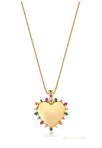 COLAR COM PINGENTE DE CORAÇÃO COLORIDO BANHADA A OURO
