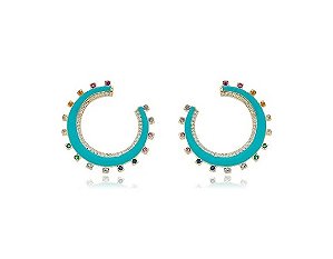 BRINCO MEIA LUA ESMALTADO TURQUESA COM ZIRCÔNIAS COLORIDAS