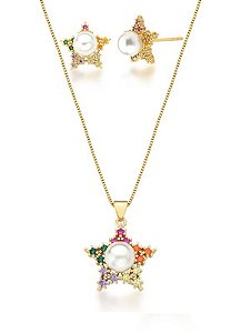 CONJUNTO DE ESTRELA COLORIDA COM PÉROLA CENTRAL BANHADO A OURO
