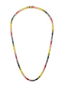 COLAR RIVIERA COM ZIRCÔNIAS QUADRADAS COLORIDAS BANHADA A OURO