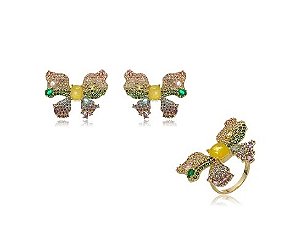 CONJUNTO BORBOLETA COM CRAVAÇÃO COLORIDA BANHADO A OURO