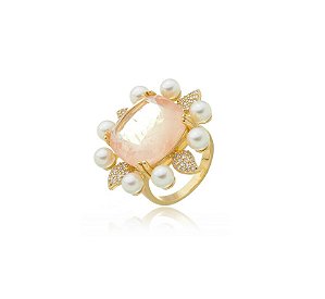ANEL MORGANITA COM PÉROLAS BANHADO A OURO