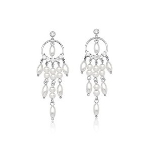 BRINCO PÊNDULO COM PEROLAS E ZIRCÔNIAS BRANCAS BANHADO A RÓDIO