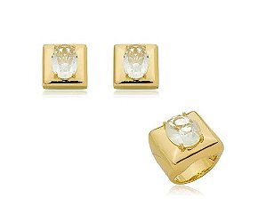 CONJUNTO QUADRADO PEDRA OVAL CRISTAL BANHADO A OURO