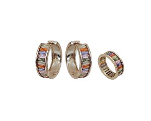 CONJUNTO DE ARGOLA E ANEL COM CRAVAÇÃO COLORIDA BANHADO A OURO