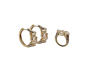 CONJUNTO DE ARGOLA E ANEL COM ZIRCÔNIAS CRISTAIS FRONTAIS BANHADO A OURO